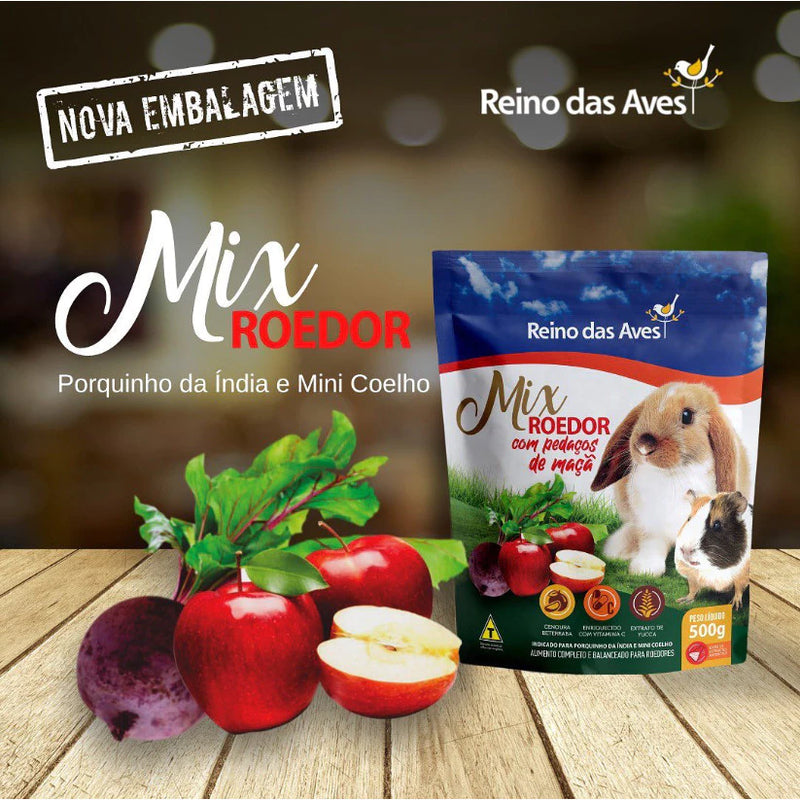 KIT COM 3 UN. PORQUINHO DA ÍNDIA E MINI COELHO MIX ROEDOR 500G - REINO DAS AVES
