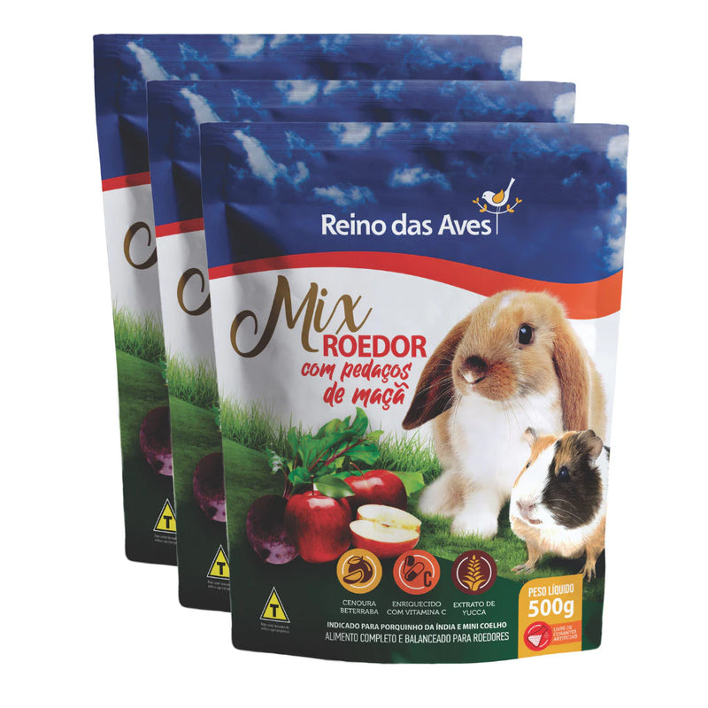KIT COM 3 UN. PORQUINHO DA ÍNDIA E MINI COELHO MIX ROEDOR 500G - REINO DAS AVES