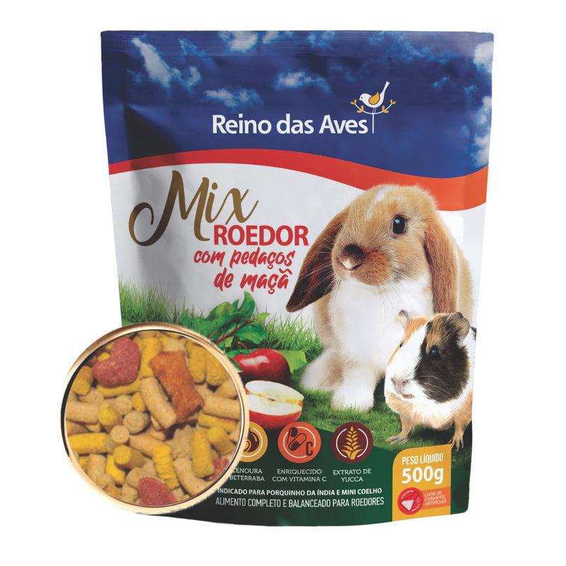 KIT COM 3 UN. PORQUINHO DA ÍNDIA E MINI COELHO MIX ROEDOR 500G - REINO DAS AVES