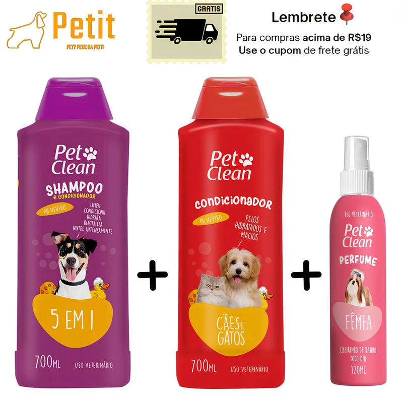 Kit Shampoo 5 em 1 + Condicionador + Perfume ou sem Perfume | Cães e Gatos | Pet Clean